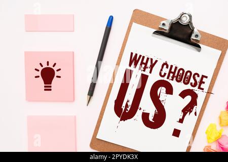 Didascalia di testo Presentazione perché scegliere noi. Foto concettuali motivi per scegliere il nostro marchio rispetto ad altri argomenti Foto Stock
