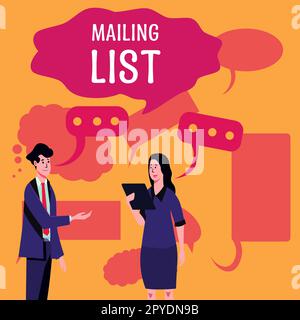 Firma che visualizza la Mailing List. Parola per lista di persone che si iscrivono ad una distribuzione periodica Foto Stock