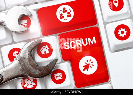 Scrittura visualizzazione testo Scrum. Parola scritta sulla scrittura a mano come distinto dai caratteri scritti di stampa di gioco Foto Stock