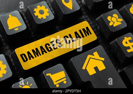 Didascalia di testo che presenta la richiesta di risarcimento danni. Word for Demand Compensation litigate Insurance file Suit Foto Stock