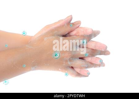 Primo piano di lavarsi le mani con sapone con virus corona blu isolato su sfondo bianco. Prevenzione del coronavirus igiene delle mani. Protezione da pandemia di Corona virus pulendo frequentemente le mani. Foto Stock