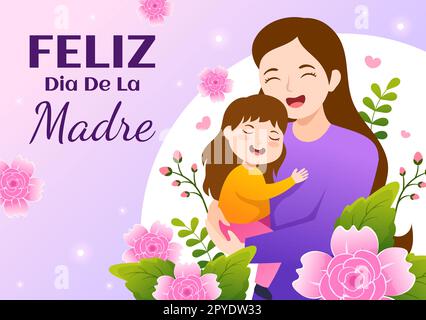 Illustrazione di Feliz DÃ­a De la Madre con festeggiamenti per la Festa della mamma e i bambini carino in cartoon piano disegnati a mano per banner Web o modelli di landing page Foto Stock