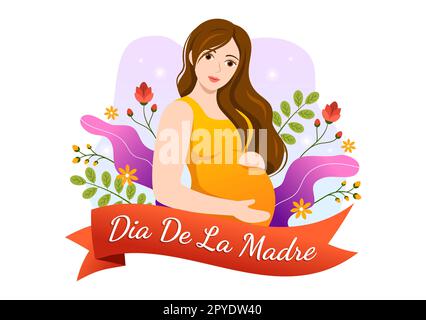 Illustrazione di Feliz DÃ­a De la Madre con festeggiamenti per la Festa della mamma e i bambini carino in cartoon piano disegnati a mano per banner Web o modelli di landing page Foto Stock