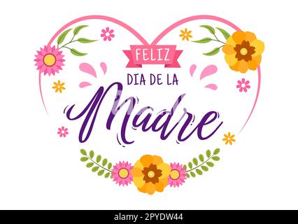 Illustrazione di Feliz DÃ­a De la Madre con festeggiamenti per la Festa della mamma e i bambini carino in cartoon piano disegnati a mano per banner Web o modelli di landing page Foto Stock