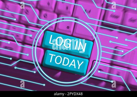 Simbolo di testo che mostra l'accesso. La foto concettuale passa attraverso le procedure per iniziare l'uso di un computer o di un database Foto Stock