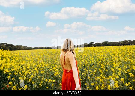 Vista posteriore di una giovane donna bionda, vestita di rosso, che cammina in un campo di fiori gialli di colza in fiore Foto Stock