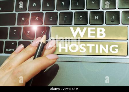 Visualizzazione concettuale Web Hosting. Panoramica aziendale l'attività di fornire spazio di archiviazione e accesso ai siti Web Foto Stock