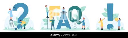 Le domande frequenti impostano l'illustrazione vettoriale. Cartone animato uomo e donna in cerca di risposte alle domande vicino alle lettere FAQ, i clienti richiedono informazioni e soluzioni intelligenti ai problemi Illustrazione Vettoriale