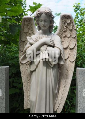 Un angelo con una colomba. Scultura nel cimitero. La figura di un angelo con le ali che reggono un uccello tra le braccia. Lamentazione per il defunto. Monumento lapideo su una tomba cristiana. Tristezza e dolore Foto Stock