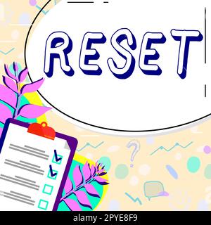 Segno che visualizza Reset. Concetto che significa far tornare il dispositivo alla modalità di fabbrica, impostare nuovamente il punto di inizio zero Foto Stock