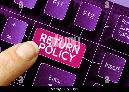 Didascalia di testo che presenta la politica di restituzione. Rimborso fiscale su Internet Termini e condizioni di vendita al dettaglio per l'acquisto Foto Stock