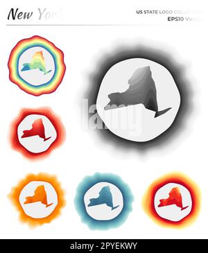 Collezione con logo New York. Distintivo colorato dello stato degli Stati Uniti. Strati intorno alla forma del confine di New York. Illustrazione vettoriale. Illustrazione Vettoriale