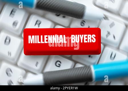 Didascalia di testo che presenta gli acquirenti Millennial. Parola per tipo di consumatori che sono interessati a prodotti di tendenza Foto Stock