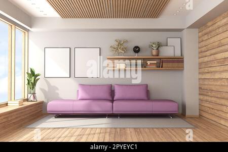 Moderno soggiorno con divano viola, pannelli in legno e pavimento in legno duro - 3D rendering Foto Stock
