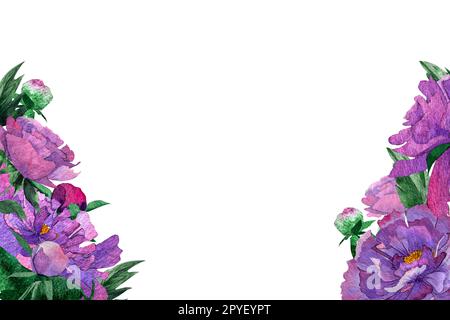 Sfondo di illustrazione acquerello con fiori di peonies. Scheda con peonies acquerello. Scheda di giorno della donna, giorno di nozze. Sfondo bianco Foto Stock