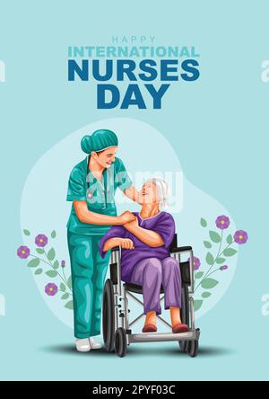 Felice saluto infermieri giorno. infermiera con cura della donna anziana. sedia a rotelle seduta di vecchia madre. disegno di illustrazione vettoriale astratto Illustrazione Vettoriale