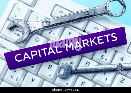Cartello che mostra i mercati dei capitali. Business Concept consente alle aziende di raccogliere fondi fornendo sicurezza di mercato Foto Stock
