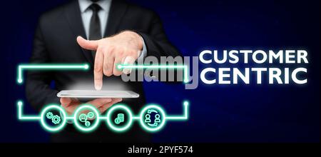 Scrittura del testo visualizzato Customer Centric. Processo di concetto aziendale di cura dei clienti per garantire il loro piacere Foto Stock