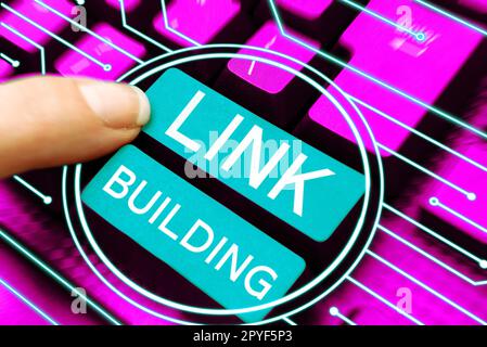 Didascalia concettuale link Building. Parola scritta su SEO Term Exchange Links acquisire hyperlinks indicizzati Foto Stock