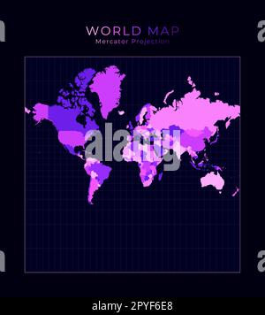 Mappa del mondo. Proiezione sferica di Mercatore. Illustrazione digitale del mondo. Colori al neon rosa brillante su sfondo scuro. Illustrazione vettoriale trendy. Illustrazione Vettoriale