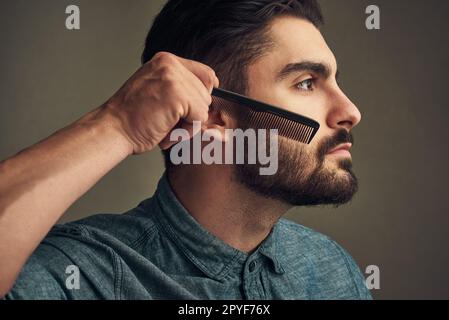 I capelli facciali hanno bisogno della vostra attenzione. un bel giovane che pettina la barba su uno sfondo grigio. Foto Stock