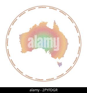 Logo rotondo Australia. Forma in stile digitale dell'Australia in un cerchio punteggiato con il nome del paese. Icona tecnologica del paese con punti graduati. Illustrazione Vettoriale
