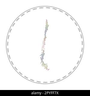 Logo rotondo Cile. Forma in stile digitale del Cile in un cerchio punteggiato con il nome del paese. Icona tecnologica del paese con punti graduati. Illustrazione Vettoriale