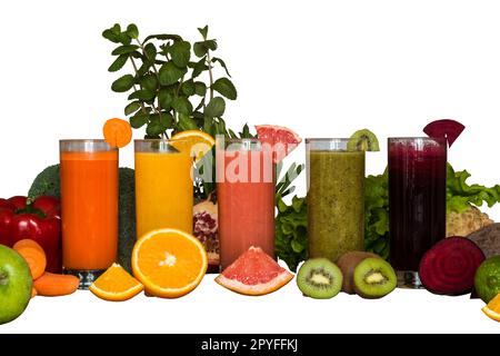 Diversi succhi freschi colorati verdura e frutta detox dieta sana struttura di presentazione isolato sfondo bianco Foto Stock