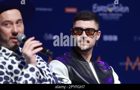 Liverpool, Regno Unito. 03rd maggio, 2023. Rappresentante di Cipro Andrew Lambrou durante una conferenza stampa organizzata da OGAE Eurovision Fan club a Camp and Furnace a Liverpool, Inghilterra, il 03 maggio 2023. Foto: Sanjin Strukic/PIXSELL Credit: Pixsell/Alamy Live News Foto Stock