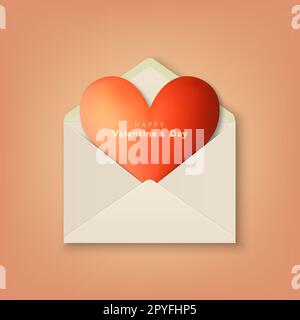 Vector 3D busta bianca aperta realistica con cuore rosso isolato al chiuso. Busta con foglio di carta a forma di cuore. Invito, messaggio, lettera T. Foto Stock