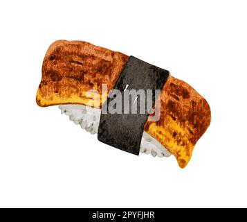 Unagi anguilla nigiri sushi. Acquerello disegnato a mano con cibo giapponese. Foto Stock
