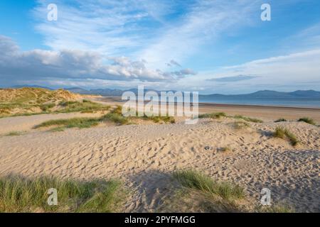 Newborough Beach in una serata primaverile ad Anglesey, Galles del Nord. Vista dalle dune di sabbia con le montagne della terraferma all'orizzonte. Foto Stock