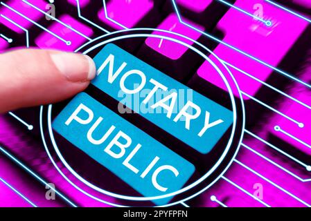 Didascalia concettuale Notary Public. Parola scritta sul contratto di certificazione di autorizzazione di documentazione di legalità Foto Stock