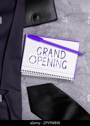 Scrittura a mano Grand Opening. Word for Ribbon taglio nuovo business primo lancio ufficiale giorno Foto Stock