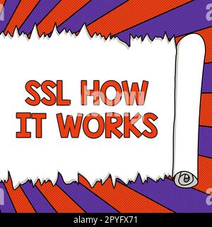 Didascalia di testo che presenta SSL come funziona. La parola scritta sulla chiave di sessione viene utilizzata per crittografare tutti i dati trasmessi Foto Stock