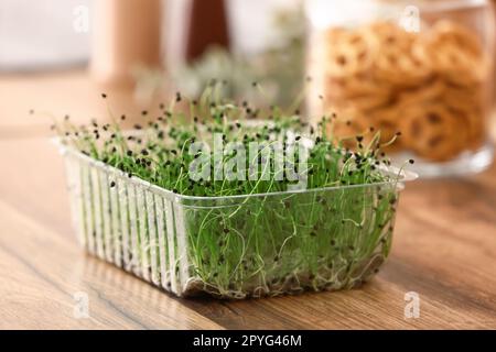 Contenitore in plastica con micro verde fresco sul tavolo in cucina Foto Stock