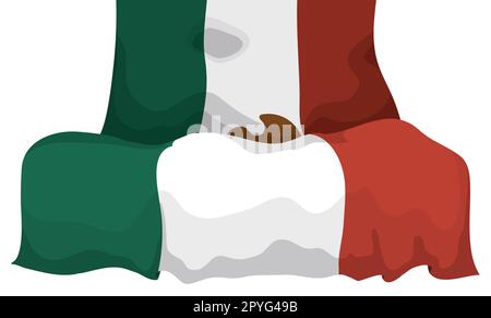 Bandiera tricolore messicana appesa dall'alto in stile cartoon e sfondo bianco. Illustrazione Vettoriale