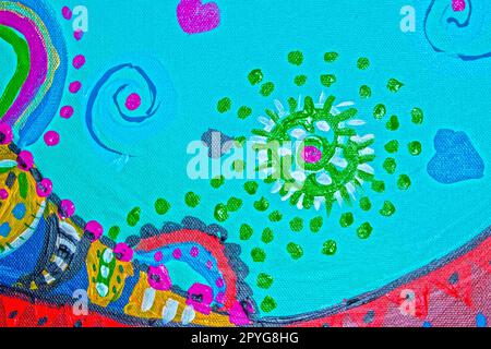 Sfondo - dipinto moderno, luminoso e primitivo, con vortici e cuori e dabs su superficie di tela testurizzata - turchese e rossi, verdi e blu Foto Stock