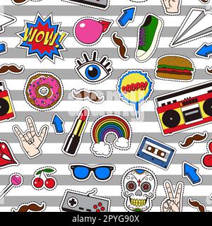 Motivo senza cuciture con badge retrò in stile fumetto vintage. Illustrazione del vettore EPS8. Foto Stock