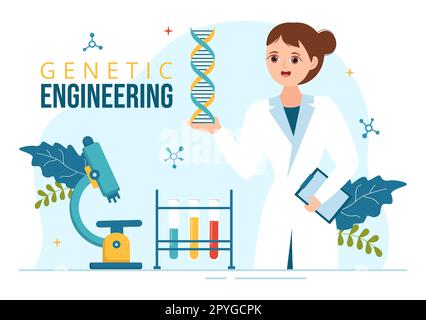 Ingegneria genetica e modificazioni del DNA Illustrazione con la ricerca genetica o gli scienziati di esperimento in modelli disegnati a mano di Cartoon piano Foto Stock