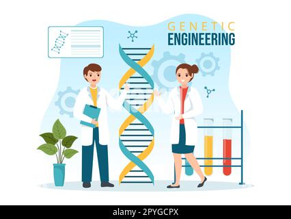 Ingegneria genetica e modificazioni del DNA Illustrazione con la ricerca genetica o gli scienziati di esperimento in modelli disegnati a mano di Cartoon piano Foto Stock