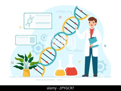 Ingegneria genetica e modificazioni del DNA Illustrazione con la ricerca genetica o gli scienziati di esperimento in modelli disegnati a mano di Cartoon piano Foto Stock