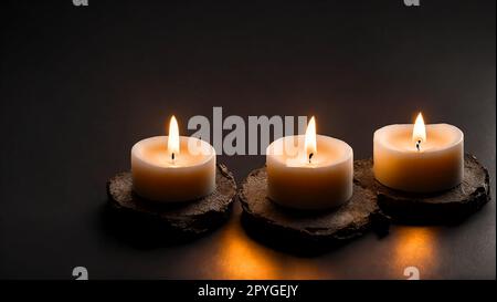 Tre piccole candele lutto che bruciano su un pavimento nero Foto Stock