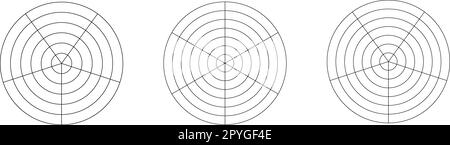 Diagrammi rotondi con cerchi concentrici divisi su settori uguali. Grafico radar a torta, ruota della vita o modello di tracker abitudini isolato su bianco Illustrazione Vettoriale
