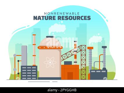 Fonti di energia non rinnovabili Illustrazione con combustibili nucleari, petroliferi, petroliferi, di gas naturale o di carbone in modelli disegnati a mano a cartoon piano Foto Stock