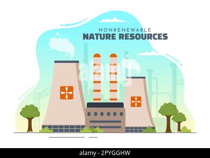 Fonti di energia non rinnovabili Illustrazione con combustibili nucleari, petroliferi, petroliferi, di gas naturale o di carbone in modelli disegnati a mano a cartoon piano Foto Stock