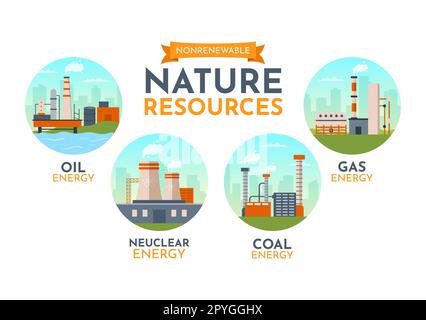 Fonti di energia non rinnovabili Illustrazione con combustibili nucleari, petroliferi, petroliferi, di gas naturale o di carbone in modelli disegnati a mano a cartoon piano Foto Stock