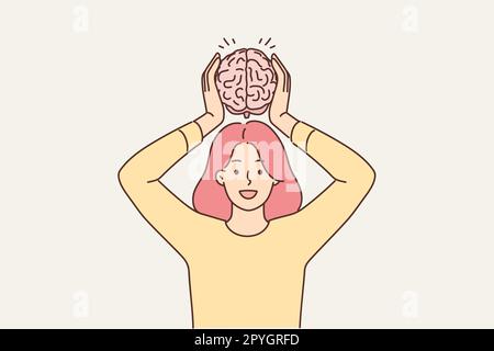 Donna sorridente tiene il modello del cervello nelle mani. Felice femmina mostra intelligenza e conoscenza. Illustrazione vettoriale. Foto Stock