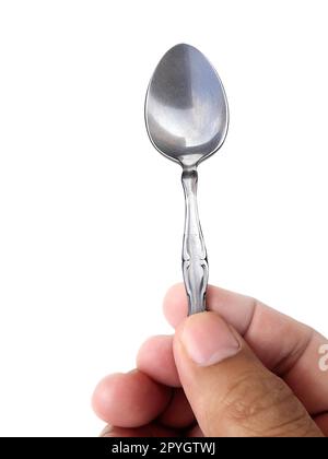 Cucchiaio per tenere la mano isolato su fondo bianco Foto Stock