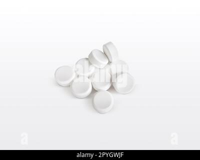 Mucchio di compresse di Painkiller bianche su bianco Foto Stock